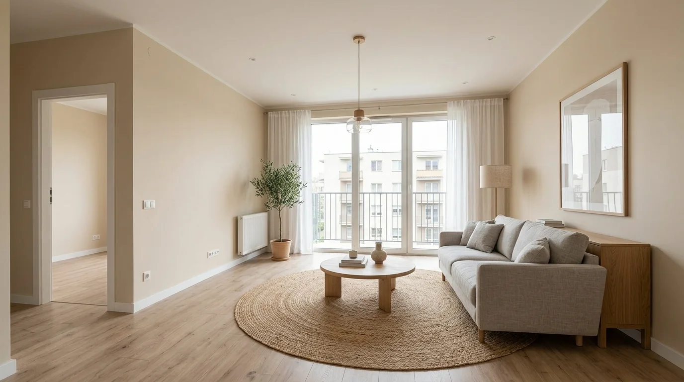 The same empty apartment virtually staged by Nano Banana as a Scandinavian living room with grey linen sofa, jute rug, oak coffee table, sideboard, and olive tree, balcony doors and radiator unchanged