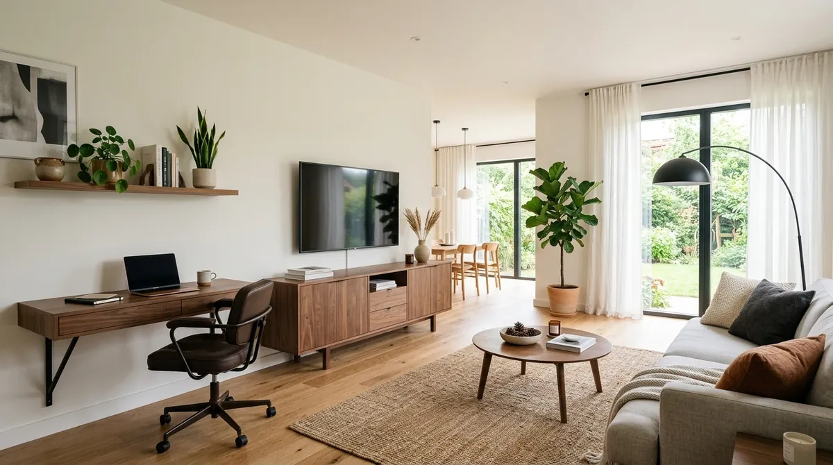 AI-generated Scandinavian living room with walnut TV console, floating desk, leather office chair, grey sofa, and large windows with natural light