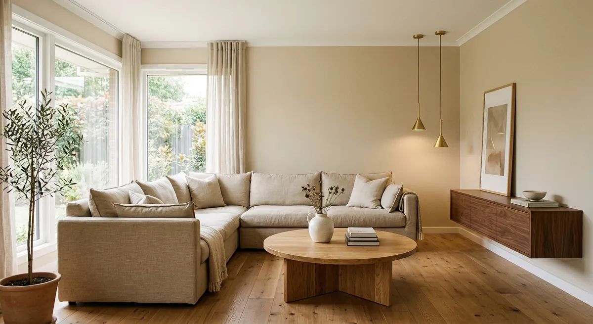 AI-generated warm minimal living room with beige sectional, round natural wood coffee table, and warm pendant lights
