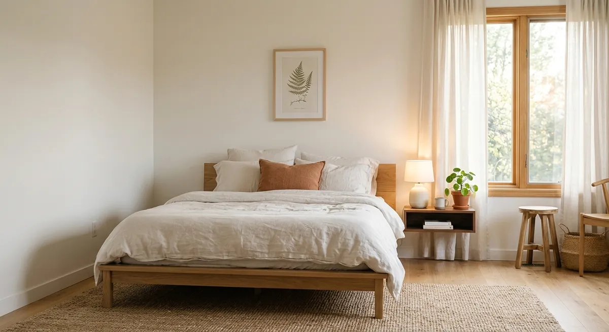 AI-generated serene Scandinavian bedroom with oak platform bed, linen bedding, walnut nightstand, and soft morning light