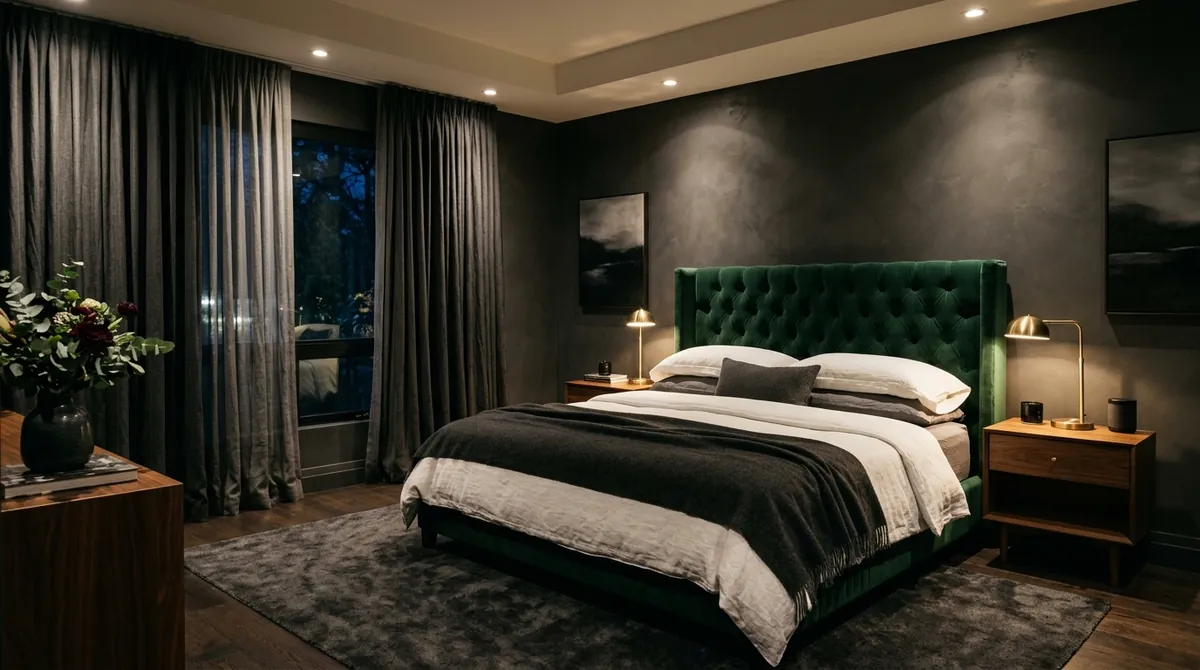 AI-generated luxury dark bedroom with emerald velvet headboard, charcoal walls, gold lamps, and moody lighting
