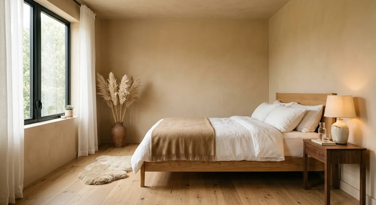 AI-generated warm minimalist bedroom with natural oak bed, earthy tones, clay vase, and soft morning light