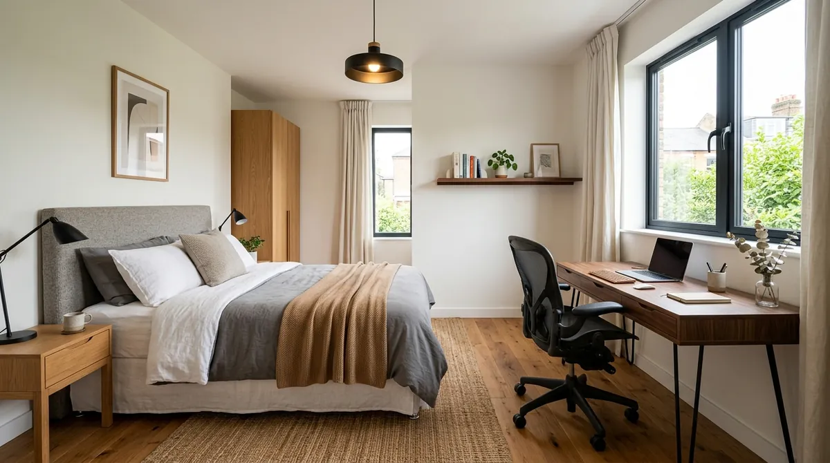 AI-generated modern bedroom with integrated workspace, floating desk, ergonomic chair, and walnut bookshelf