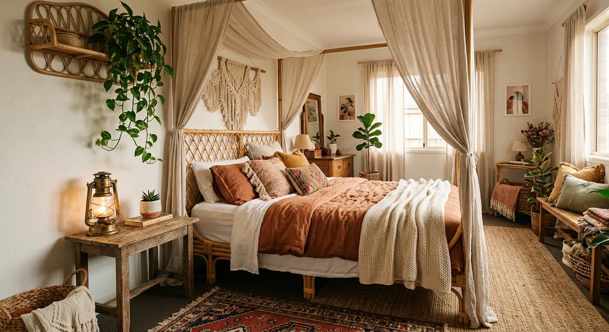 AI-generated bohemian bedroom with rattan bed frame, layered textiles, macrame wall hanging, and golden afternoon light