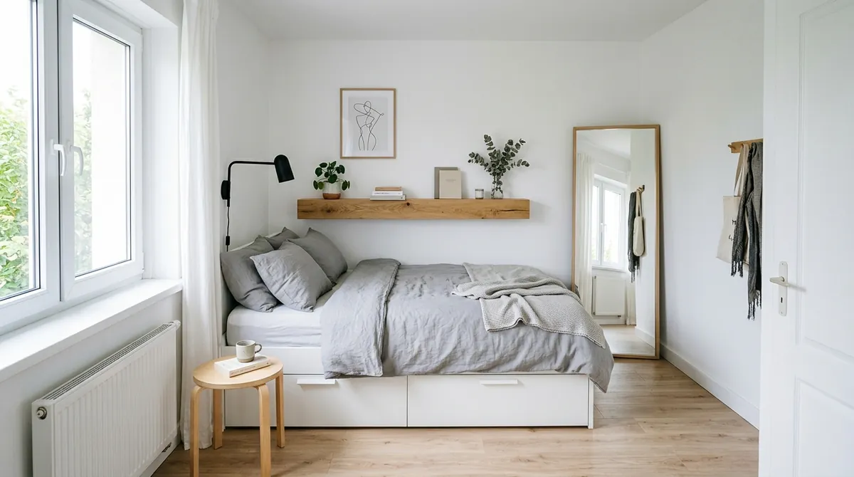 AI-generated small bedroom with built-in storage bed, floating shelf headboard, vertical mirror, and bright natural light