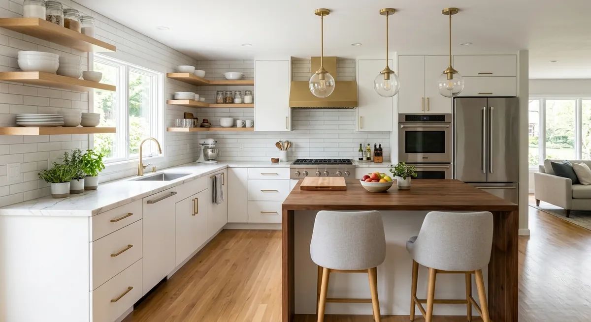 AI-generated modern white kitchen with brass hardware, marble countertops, walnut island, and brass pendant lights
