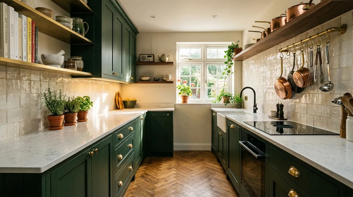 AI-generated dark green kitchen with brass hardware, zellige backsplash, and herringbone wood floor