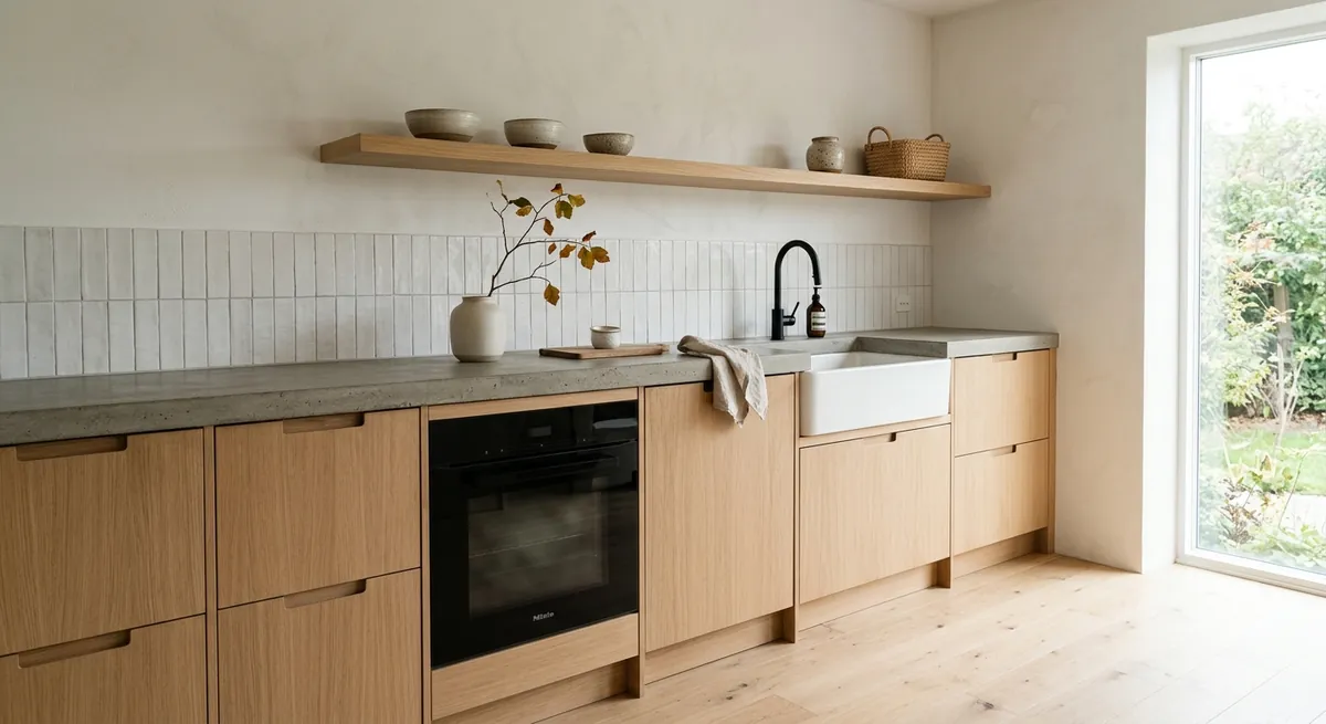 AI-generated Japandi kitchen with light oak cabinets, concrete countertop, no upper cabinets, and minimal styling