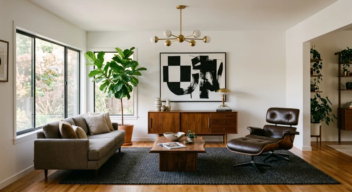 AI-generated mid-century modern living room with Eames lounge chair, abstract art, dark rug, walnut console, and brass pendant light