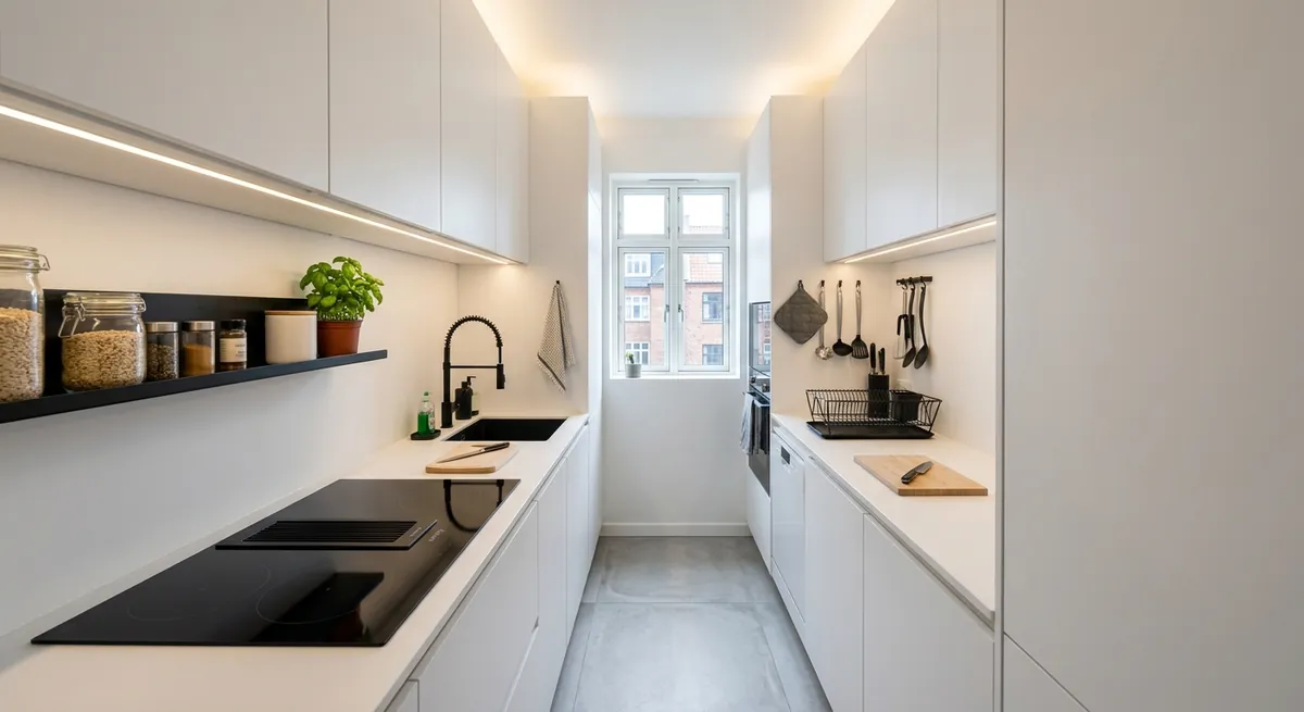 AI-generated compact galley kitchen with white floor-to-ceiling cabinetry, matte black fixtures, and LED strip lighting