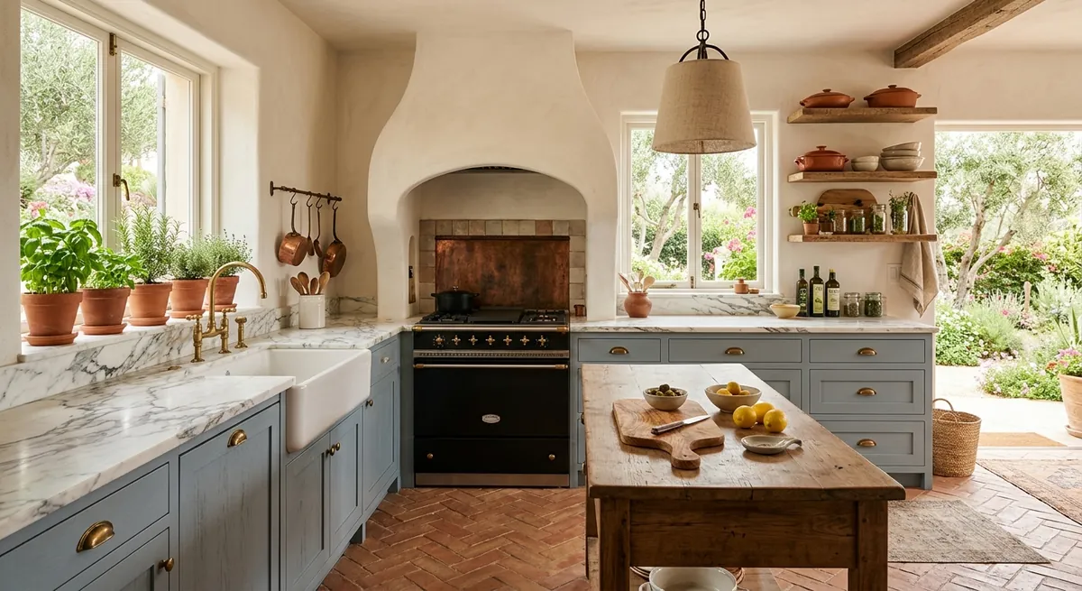 AI-generated Mediterranean kitchen with arched alcove, terracotta herringbone floor, blue-grey cabinets, and brass hardware