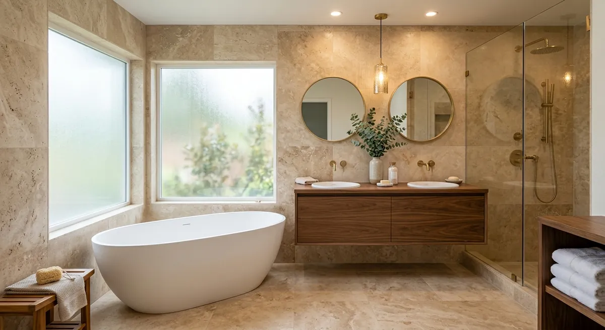 AI-generated spa bathroom with travertine tiles, freestanding tub, walnut vanity, and gold fixtures