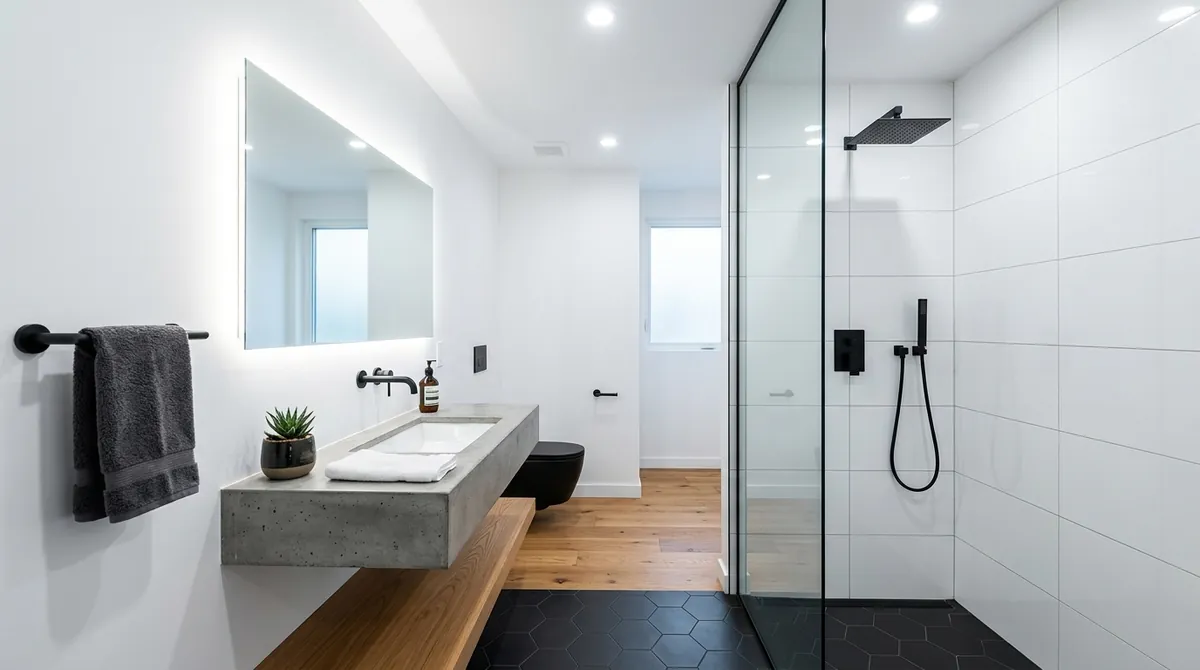 AI-generated modern bathroom with matte black fixtures, concrete vanity, hexagonal floor tiles, and frameless glass shower