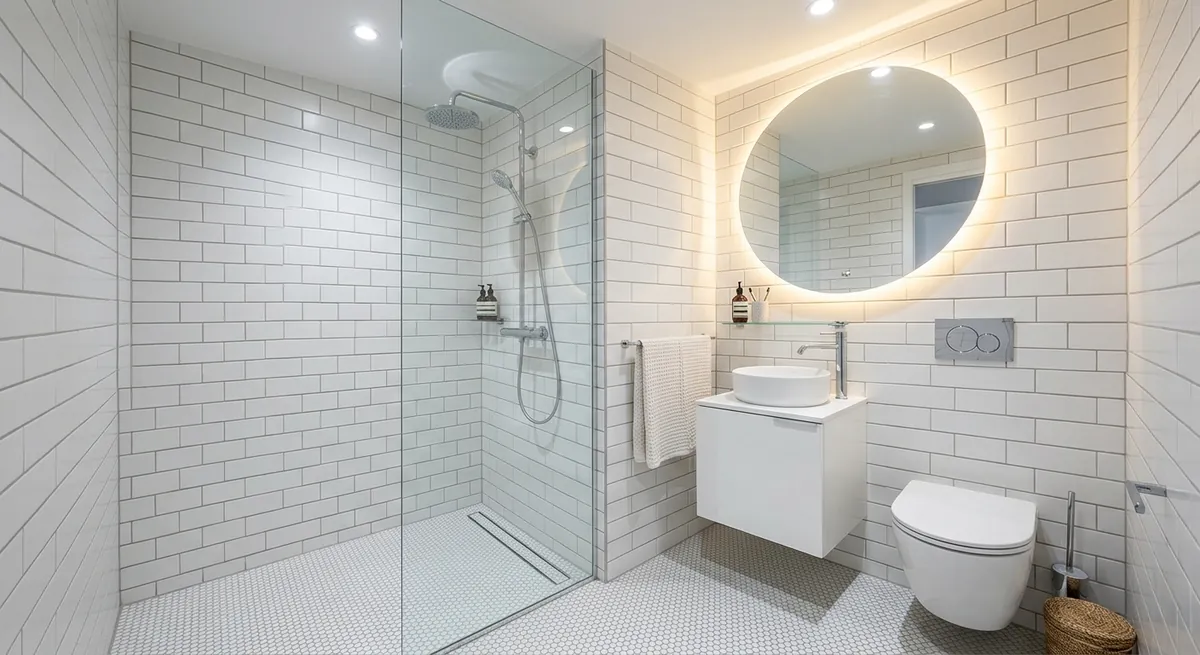 AI-generated small bathroom with white metro tiles, wall-hung toilet, floating vanity, round mirror, and glass shower panel