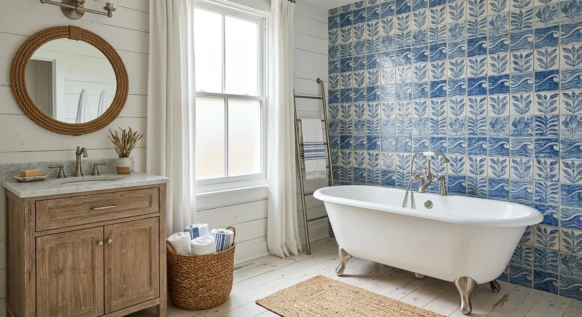 AI-generated coastal bathroom with shiplap walls, weathered oak vanity, blue ceramic tiles, and clawfoot tub
