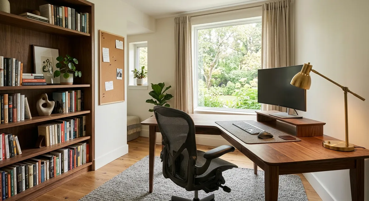AI-generated professional home office with walnut desk, ergonomic chair, bookshelf, and warm natural light