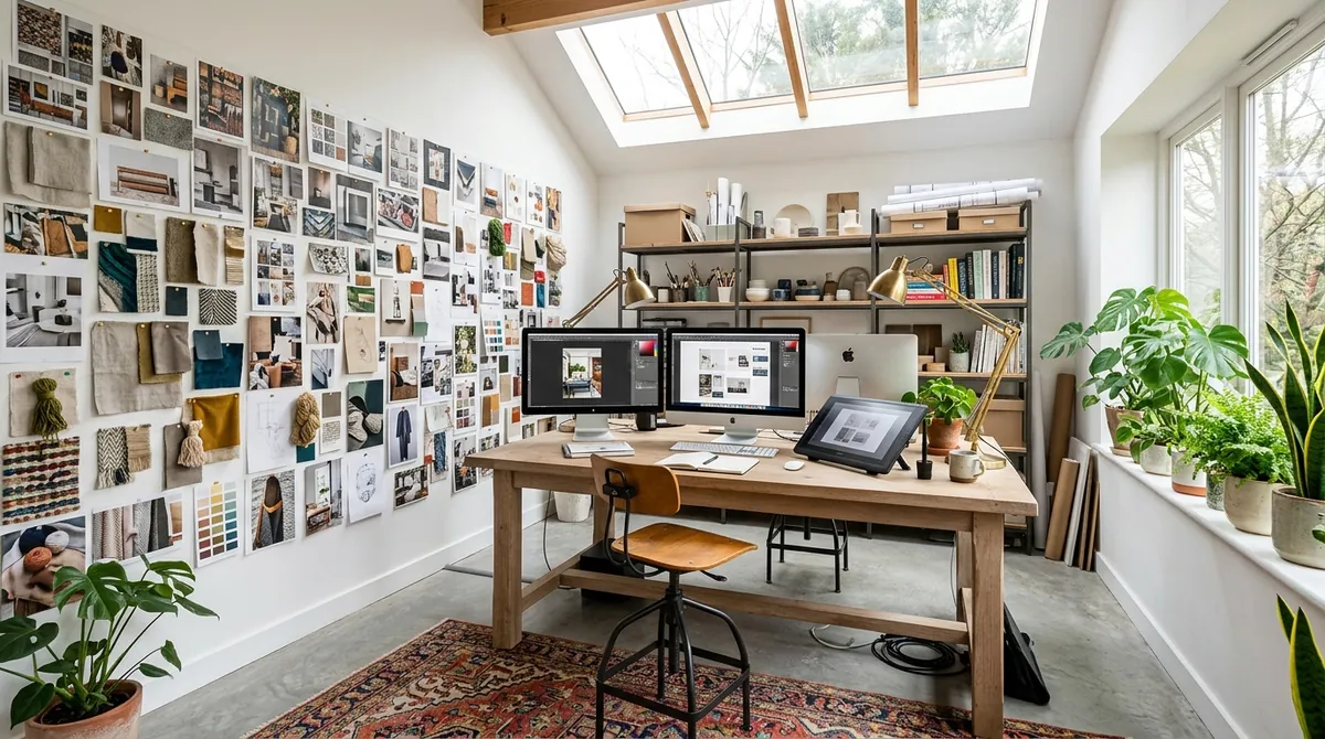 AI-generated creative studio with mood board wall, drawing tablet, metal shelving, and skylight