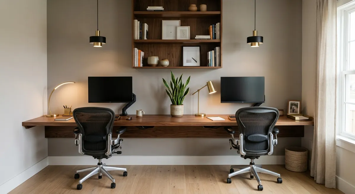 AI-generated dual home office with shared walnut desk, two workstations, and organized symmetrical layout
