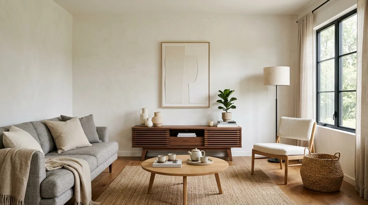 AI-generated Japandi living room with wooden accent chair, walnut console, ceramic vases, and warm natural light