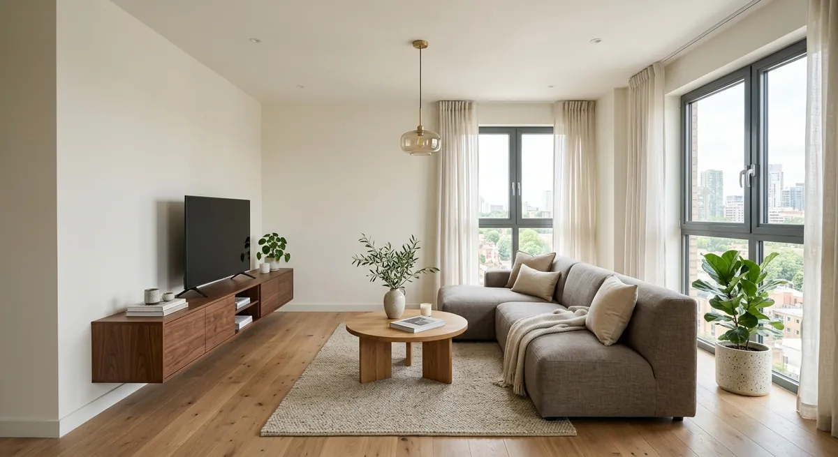 AI-generated finished living room after renovation with oak furniture, plants, and modern fixtures