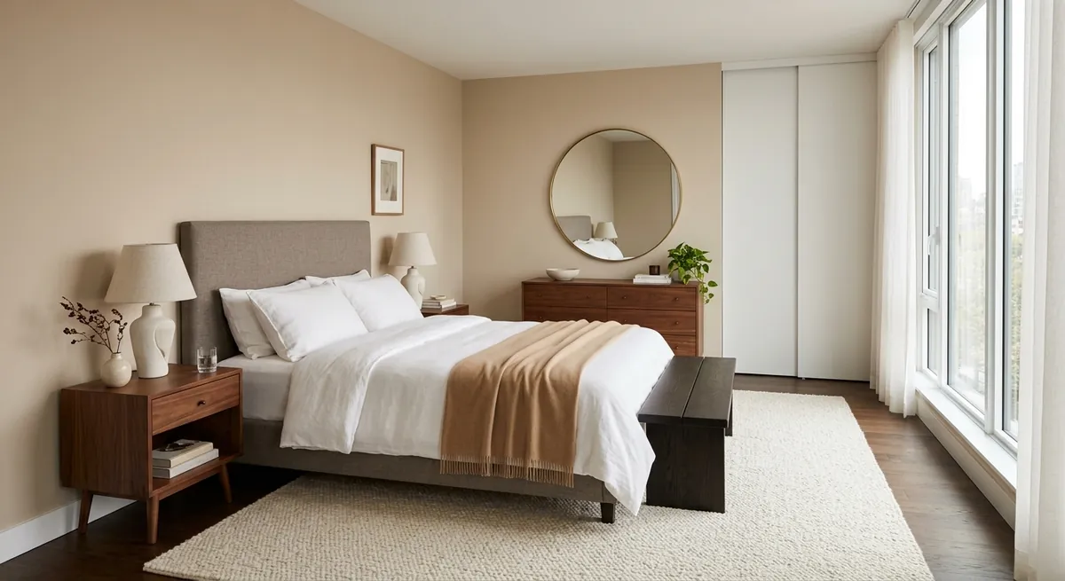 AI-generated fully furnished master bedroom with upholstered headboard, walnut furniture, and soft morning light