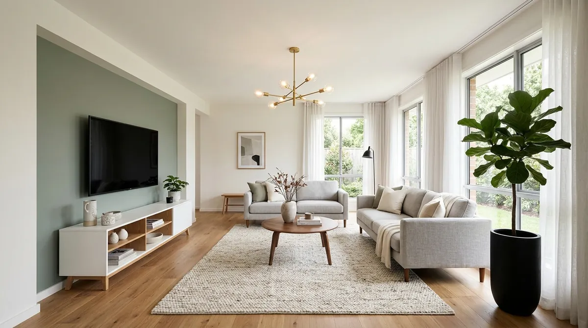 AI-generated modern living room with sage green accent wall, light grey sofas, gold chandelier, and oak console