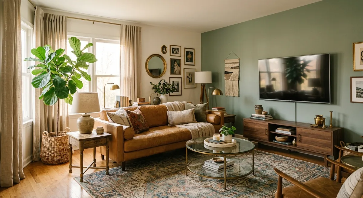 AI-generated living room with sage green wall, camel leather sofa, vintage oriental rug, brass accents, and warm natural light