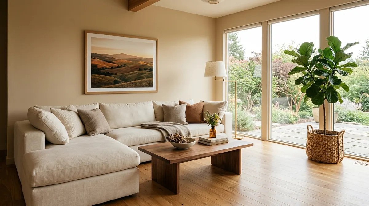 AI-generated warm beige living room with cream sectional, walnut coffee table, fiddle-leaf fig, and natural light