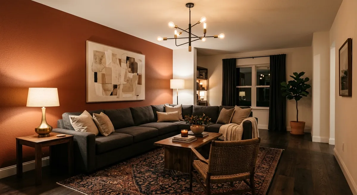 AI-generated living room with terracotta accent wall, dark charcoal sectional, abstract art, and modern chandelier