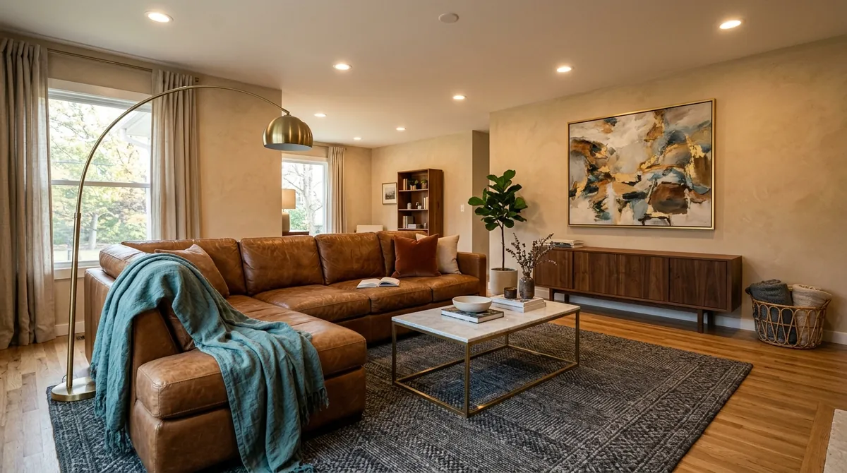 AI-generated living room with cognac leather sectional, teal throw, warm sand walls, and brass floor lamp