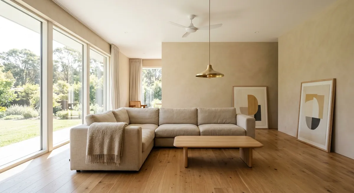 AI-generated ultra-minimalist beige living room with matching sectional, pendant lamp, ceiling fan, and natural light