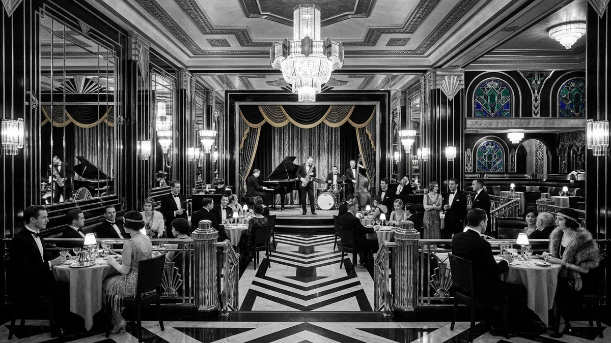 Original 1920s Art Deco interior with high-contrast black and white scheme, polished chrome, mirrored surfaces, bold geometric sunburst patterns, and strict symmetry