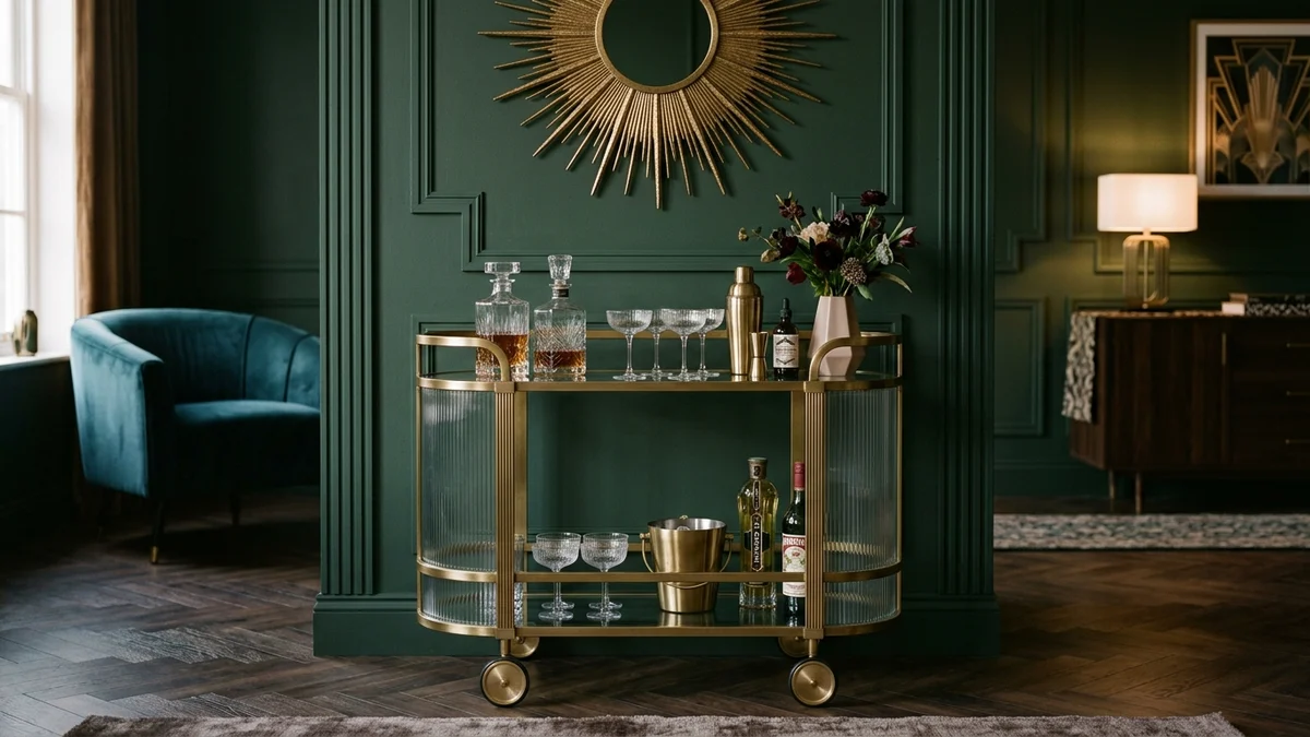 A styled Neo Deco brass and glass bar cart against a dark green wall with crystal decanters, a brass sunburst mirror above, marble surface, and fresh flowers