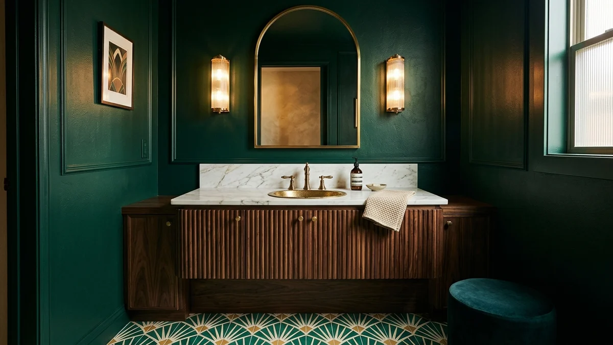Neo Deco powder room with emerald green walls, a fan-pattern geometric tile floor, a fluted dark wood vanity, brass fixtures, and an arched brass mirror