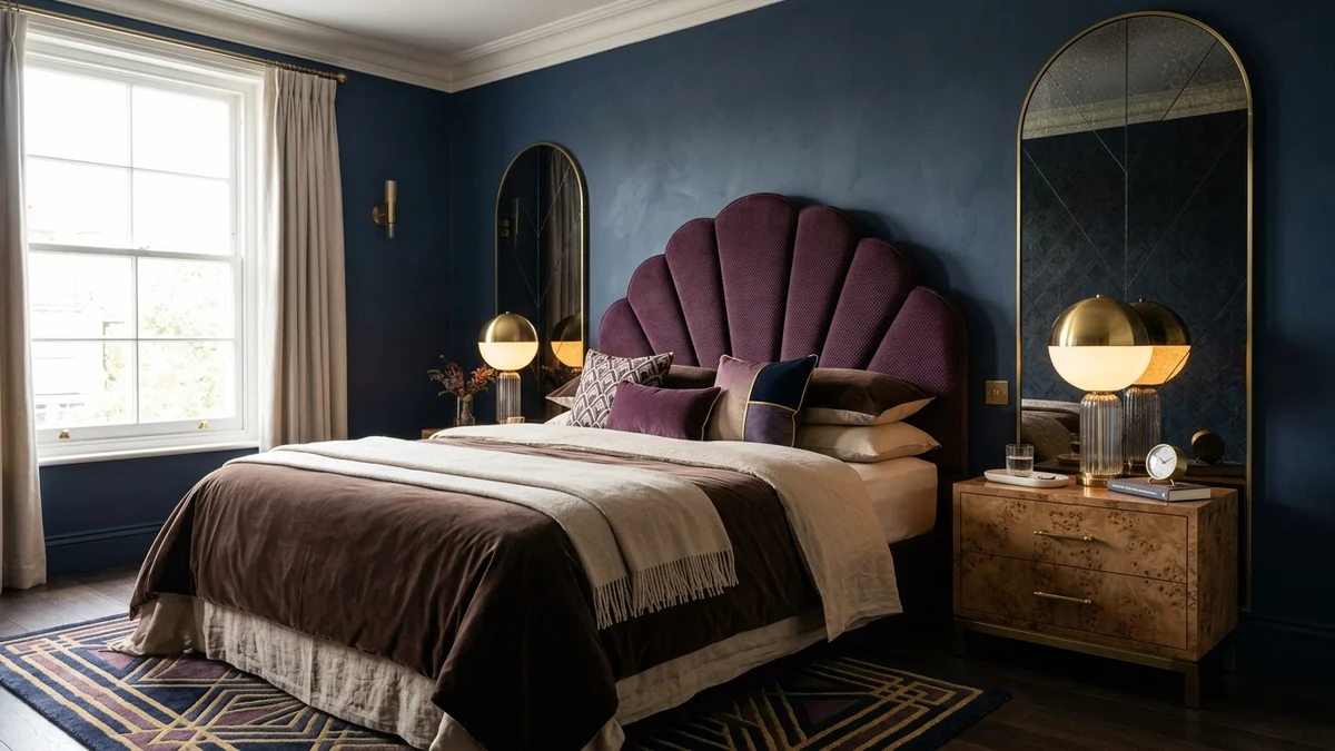 Neo Deco bedroom with a scalloped plum velvet headboard, navy walls, burl wood nightstands, brass globe lamps, and chocolate bedding