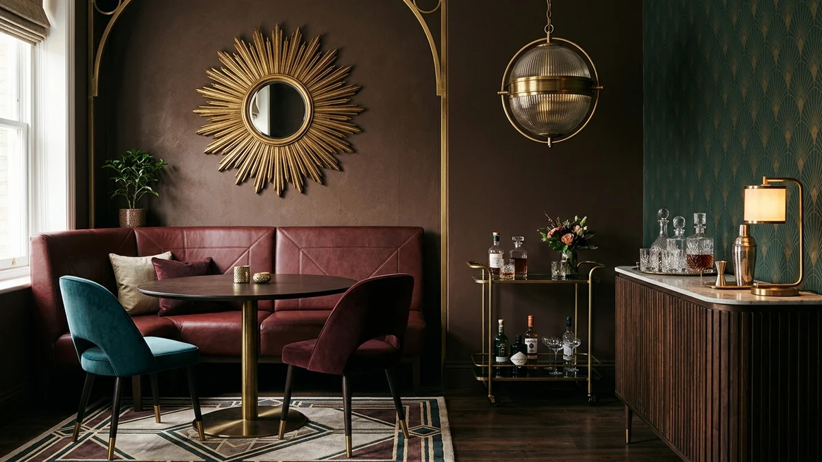 Neo Deco home bar with a brass and glass bar cart, fluted sideboard, large brass sunburst mirror on a chocolate wall, and an oxblood leather banquette