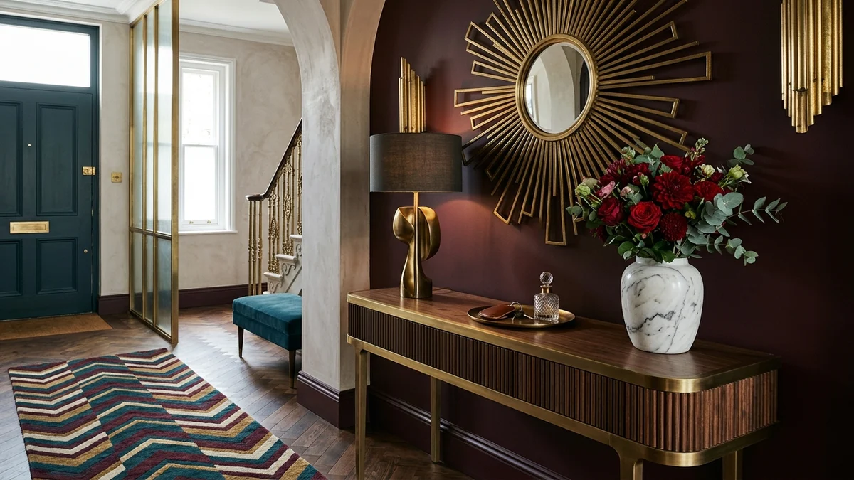 Neo Deco entryway with a fluted brass-legged console, a large brass sunburst mirror, a chevron runner rug, and a moody burgundy wall