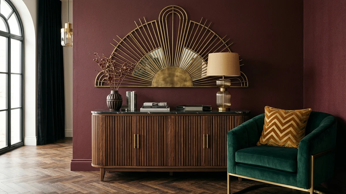Neo Deco geometric details in a styled corner: a brass fan-arch sunburst mirror on a burgundy wall, a chevron parquet floor, and a fluted cabinet with brass trim