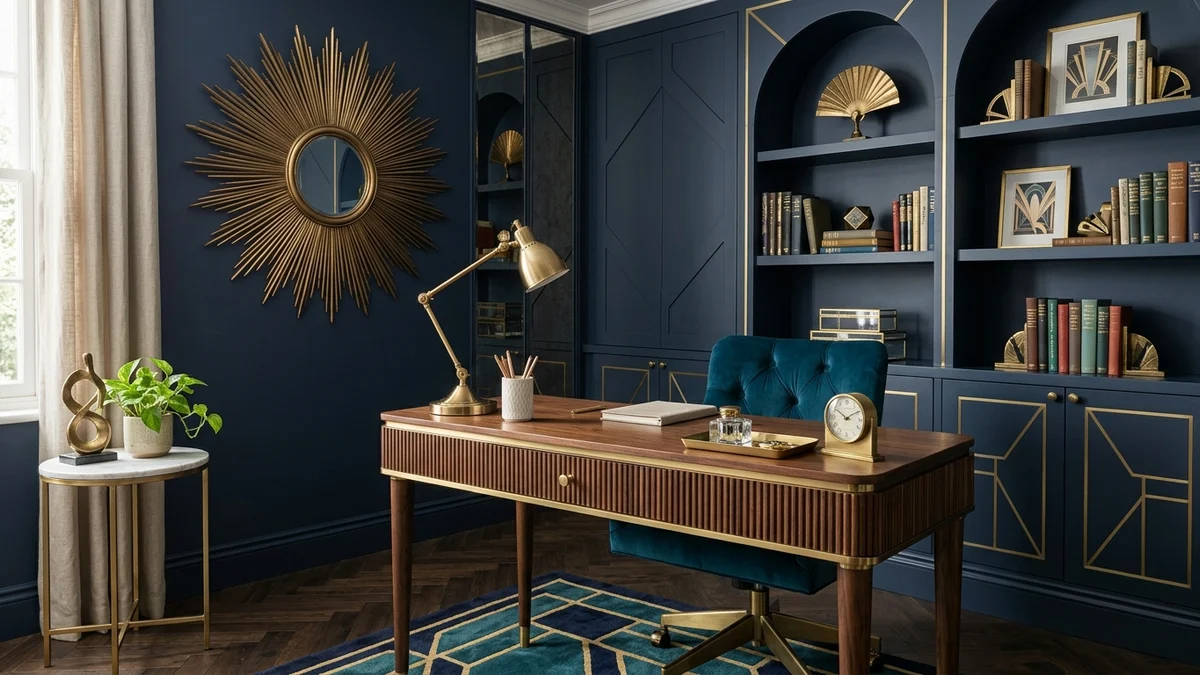 Neo Deco home office with a fluted desk, brass task lamp, navy wall, brass sunburst mirror, teal velvet chair, and geometric built-in shelving