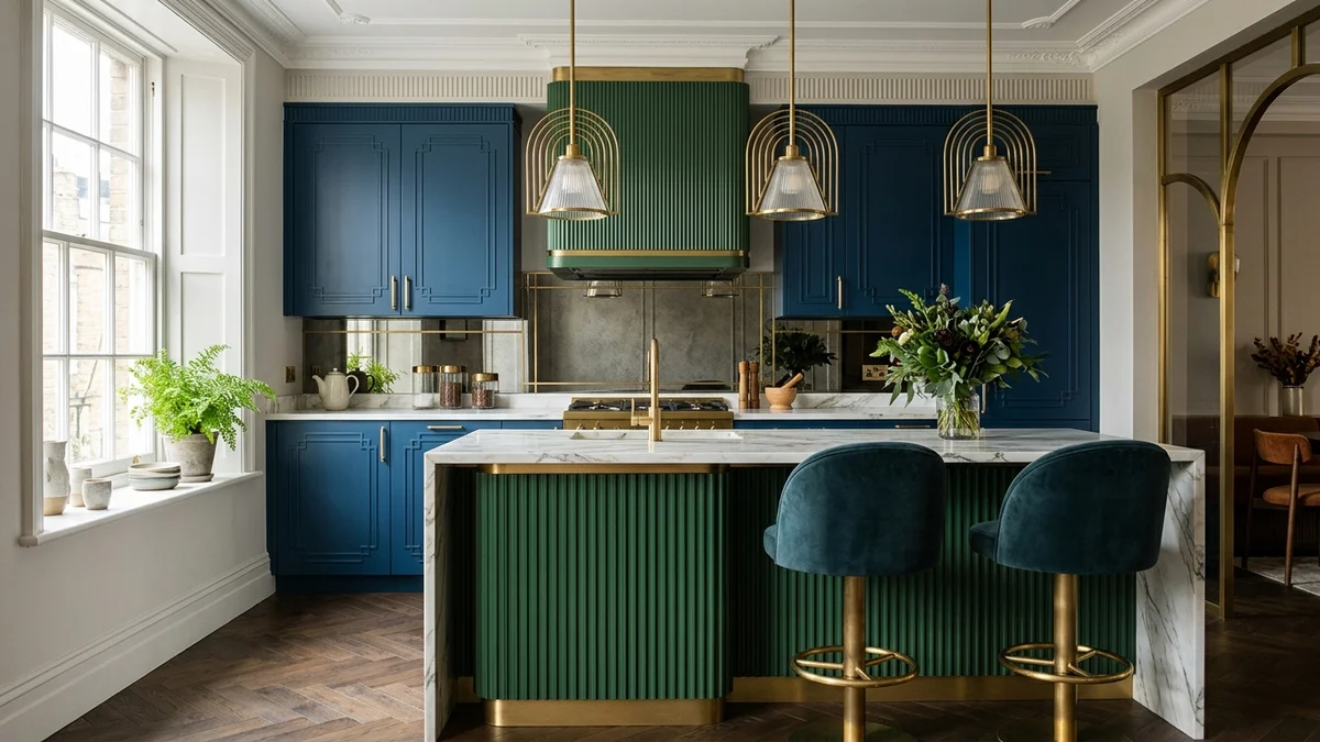 Neo Deco kitchen with a fluted deep green lacquered island, marble waterfall top, brass hardware, fan-shade brass pendant lights, and a chevron wood floor