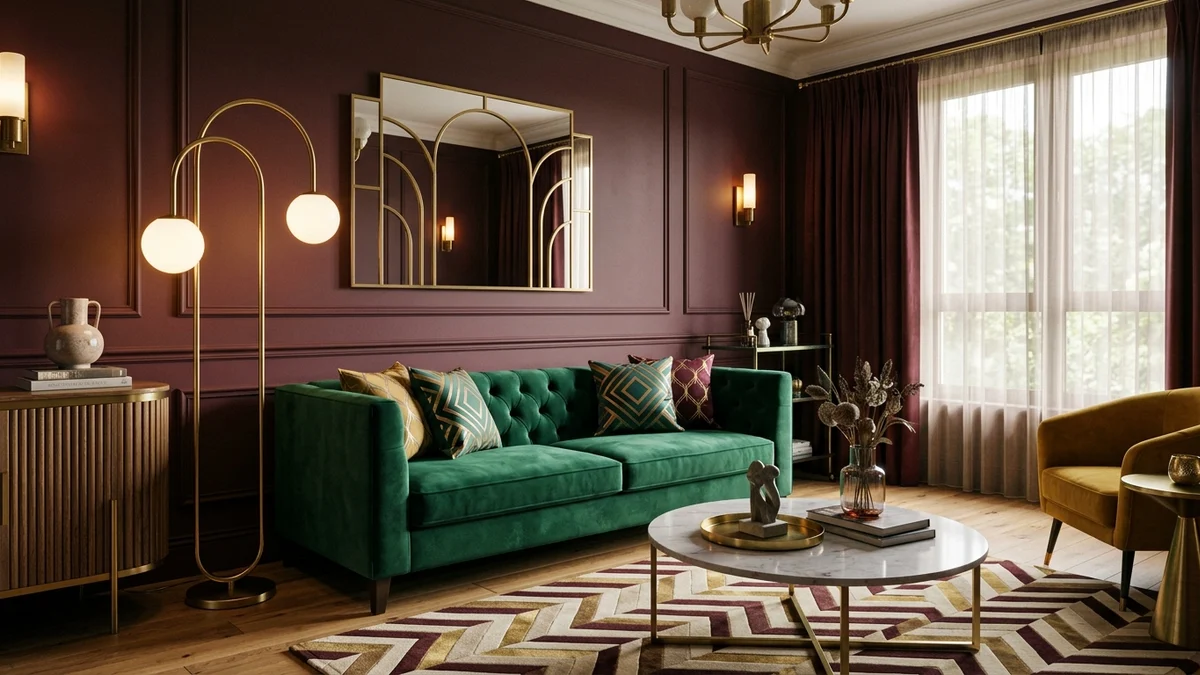 Neo Deco living room with a burgundy accent wall, emerald green velvet sofa, brass fan-arch mirror, chevron wood floor, and a marble coffee table with a brass base