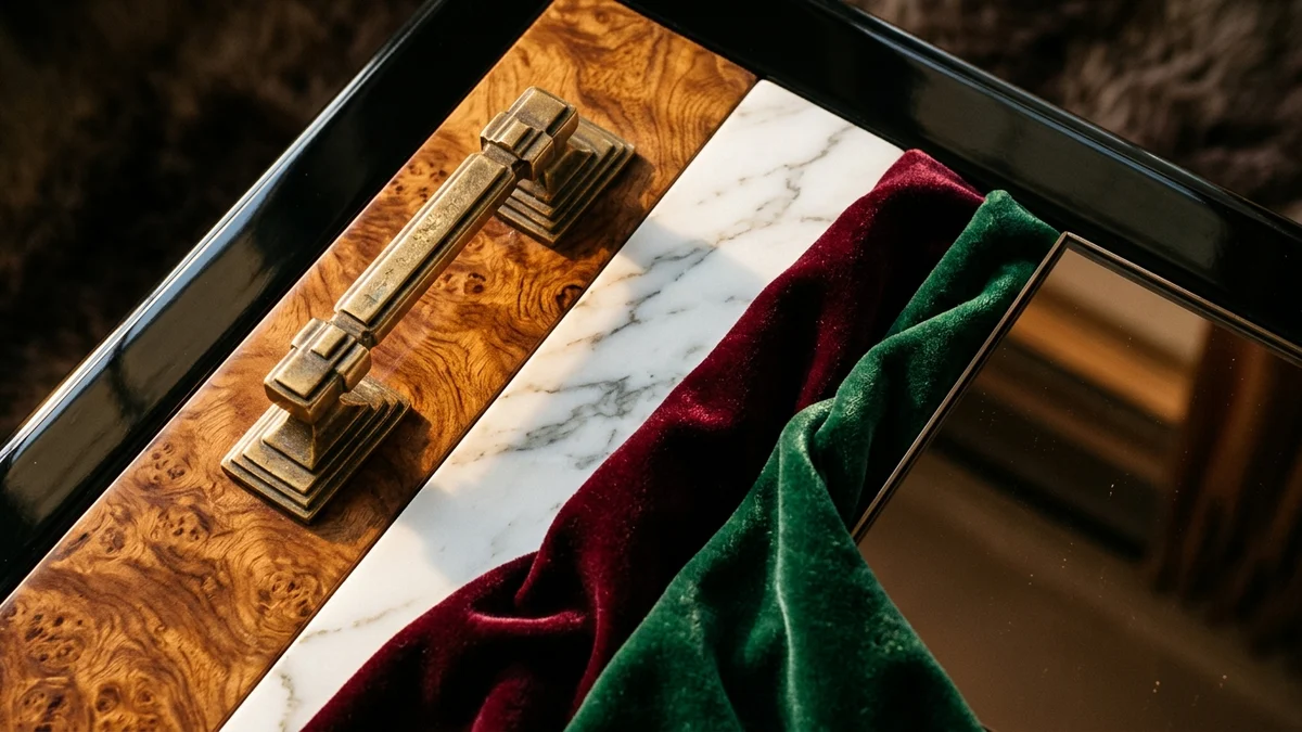 Neo Deco materials close-up showing warm antique brass, smoked bronze mirror, white veined marble, emerald and burgundy velvet, burl wood grain, and black lacquer