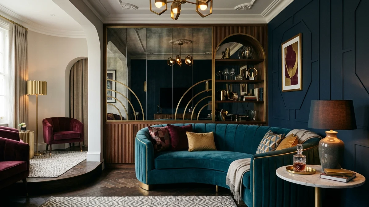 2026 Neo Deco lounge with a moody burgundy and navy palette, soft curved teal velvet seating, warm brass fan-arch details, smoked mirror, and marble