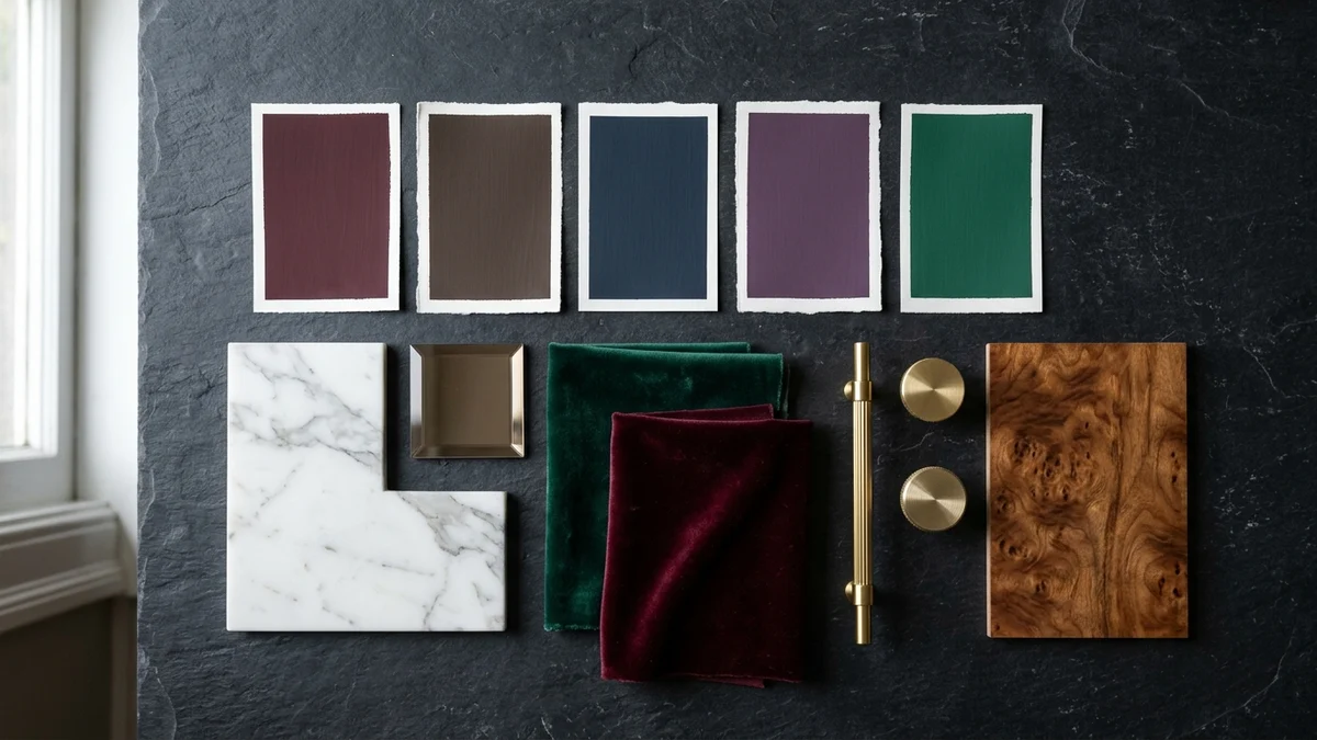 Neo Deco 2026 color palette flat-lay with burgundy, chocolate, navy, amethyst, and emerald paint swatches, plus marble, smoked bronze mirror, emerald and burgundy velvet, brass hardware, and burl wood