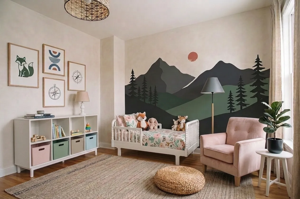 Toddler room with mountain mural, white toddler bed, pink upholstered armchair, woodland fox prints, open storage, and jute rug