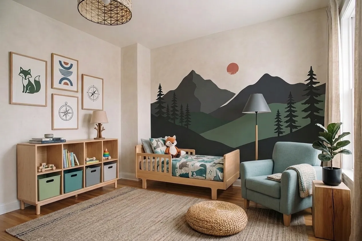 Toddler room with mountain mural, natural wood toddler bed with dinosaur bedding, teal armchair with throw blanket, wooden bookshelf, and earth-tone accessories