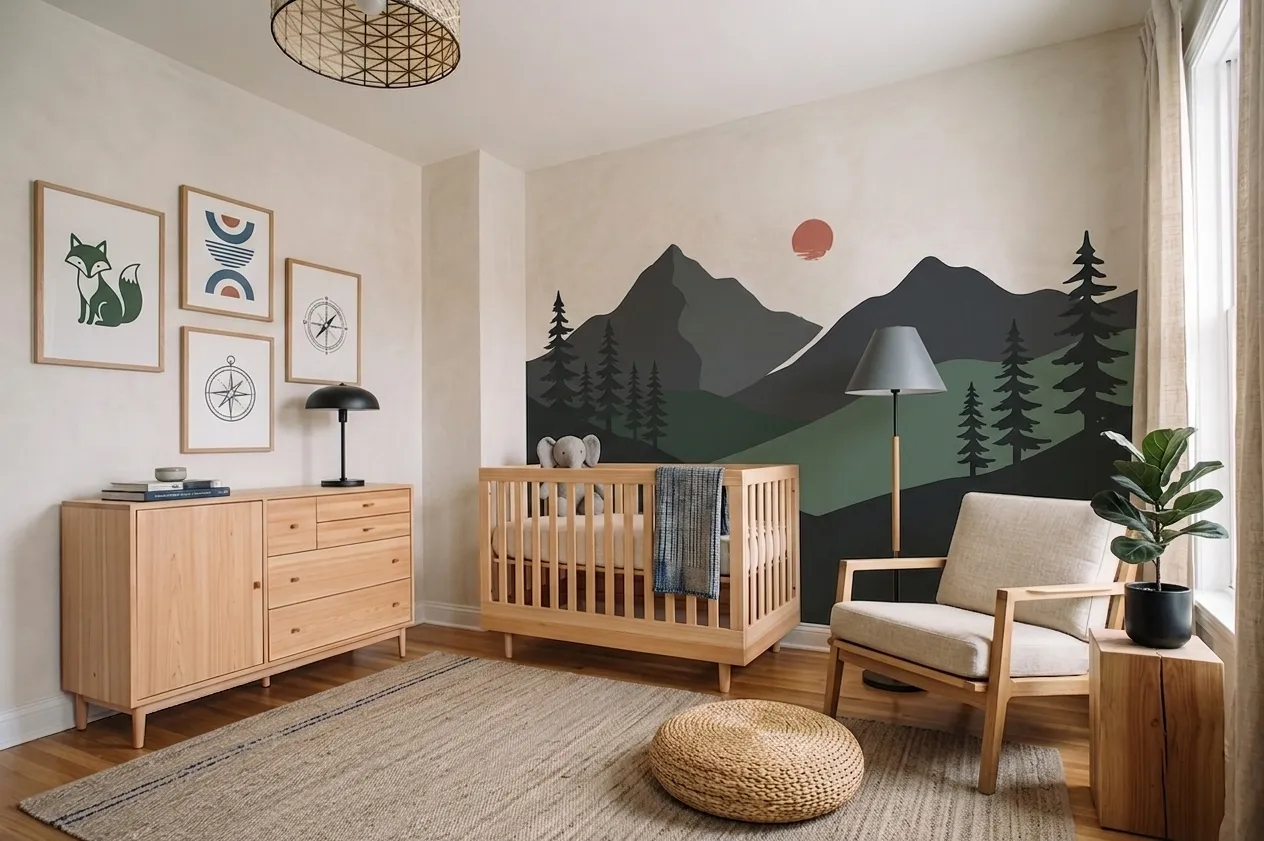 Mid-century modern nursery with natural oak crib, matching oak dresser, wooden rocking chair, mountain mural, earth-tone gallery wall, and jute rug