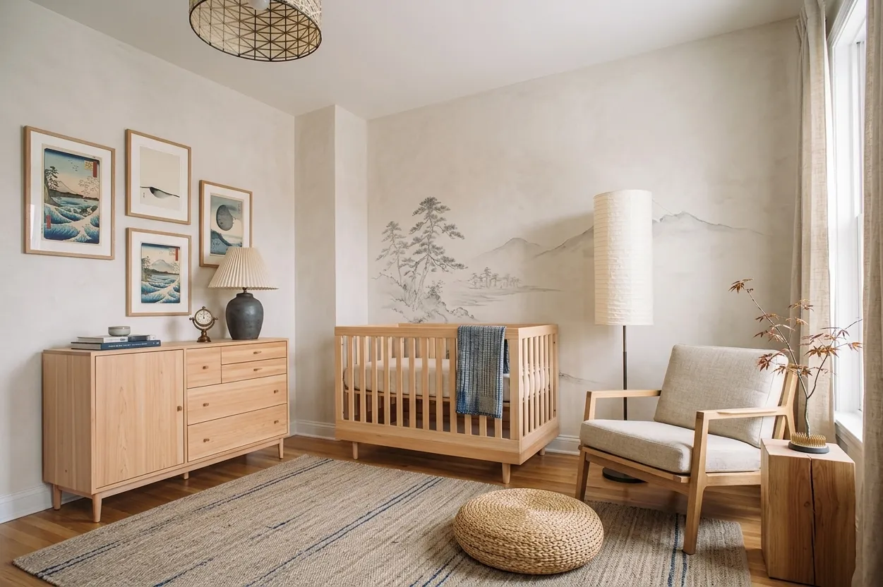 Japandi nursery with natural oak crib, minimalist oak dresser, canvas rocking chair, Japanese wave art prints, sumi-e landscape mural, and pleated floor lamp