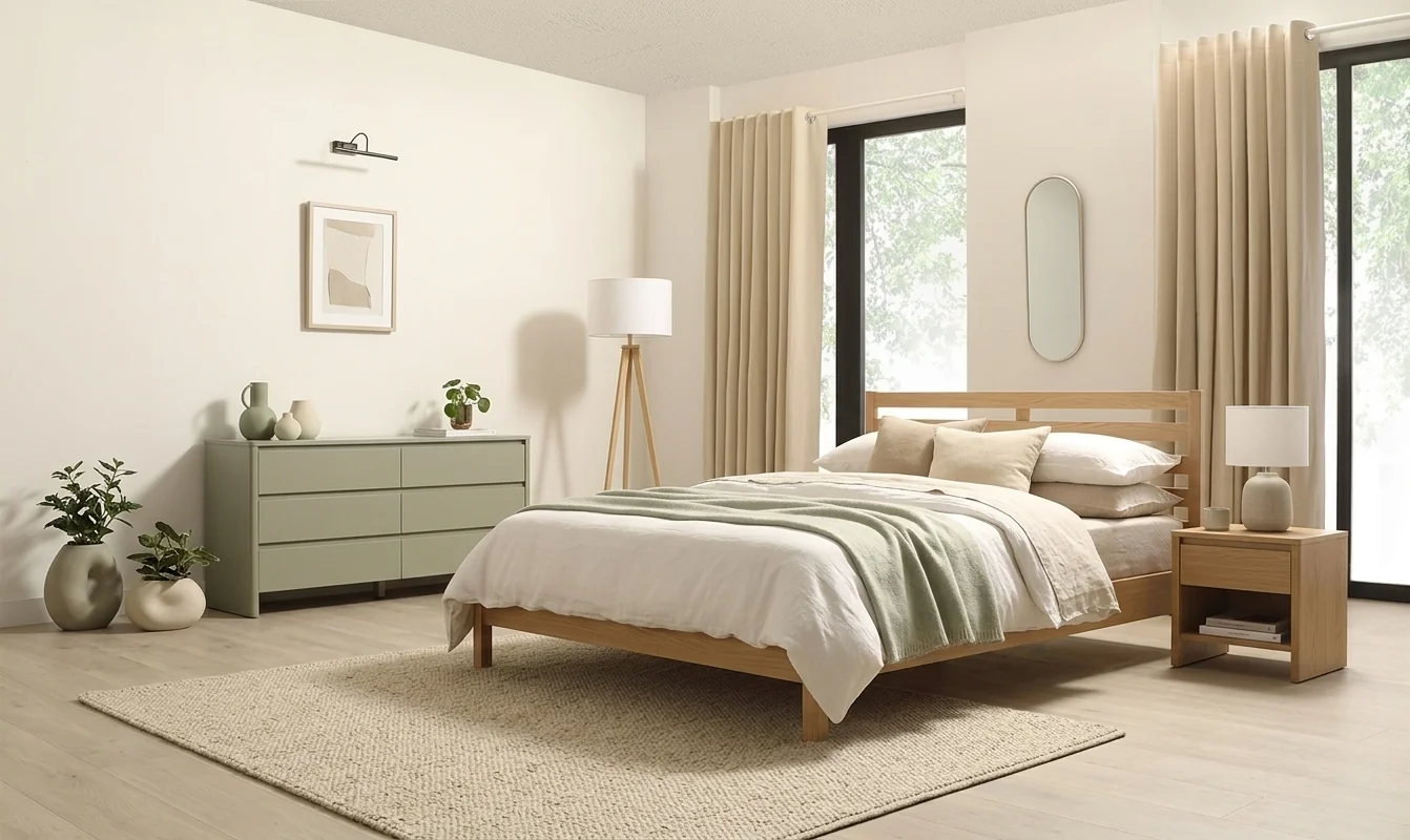 AI-generated Scandinavian bedroom design with natural oak bed frame, sage green throw blanket, pastel green dresser, tripod floor lamp, and framed landscape art