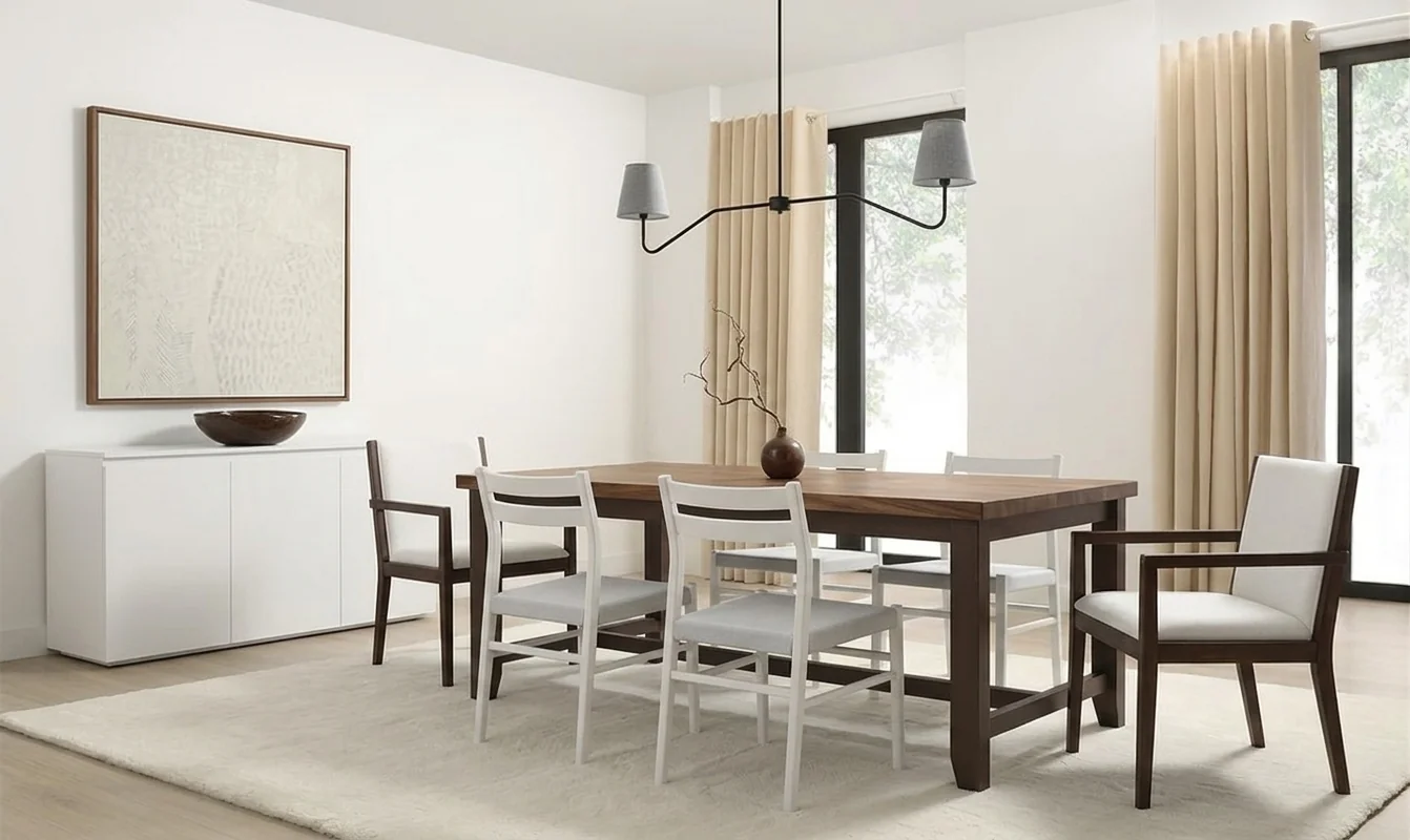 AI-generated formal dining room with dark walnut trestle table, black armchairs at the heads, white upholstered ladder-back chairs on the sides, and sculptural linear chandelier